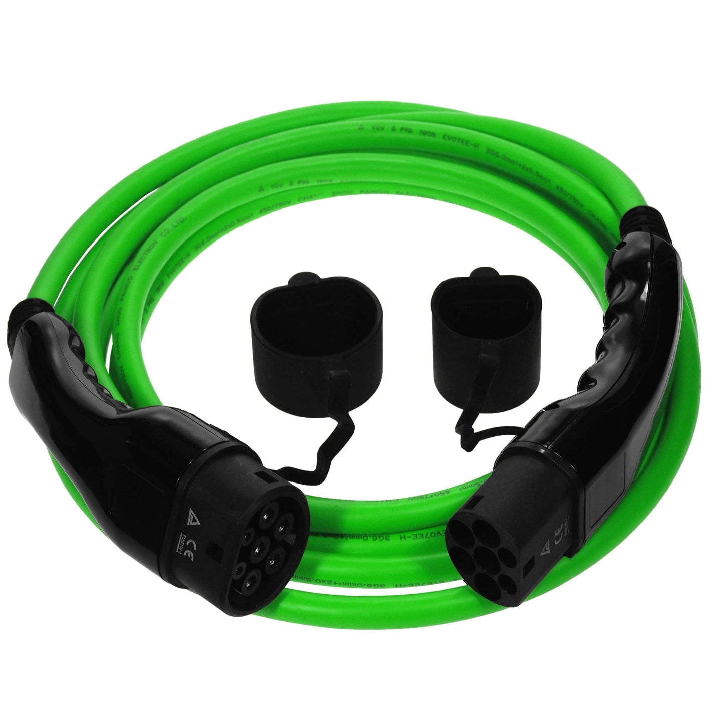 EV and PHEV Type 2 Charging Cable | Up to 50 meters.  Green cable with black ends on a white background. 